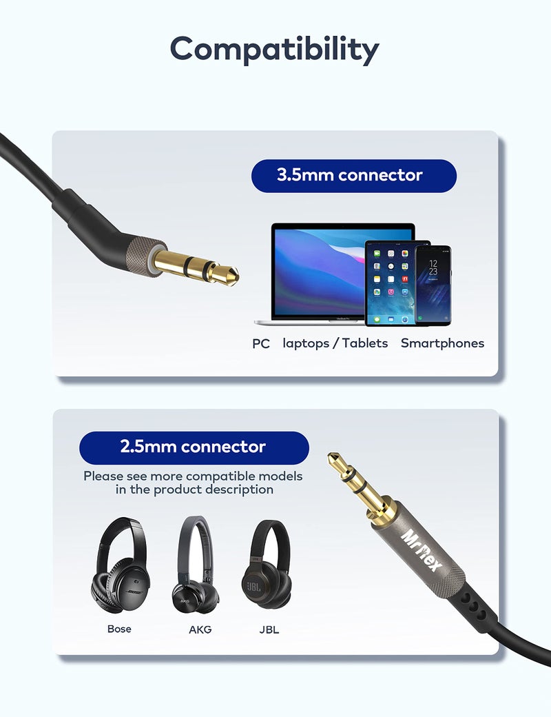 Mr Rex 3.5mm to 2.5mm Audio Cable Cord for Bose 700 QuietComfort Ultra QC45 QC35II QC35 QC25 Noise Cancelling Headphones, JBL E45BT E55BT E65BTNC Headsets Aux Replacement Wire (1-Pack, 6.5FT) - Image 2
